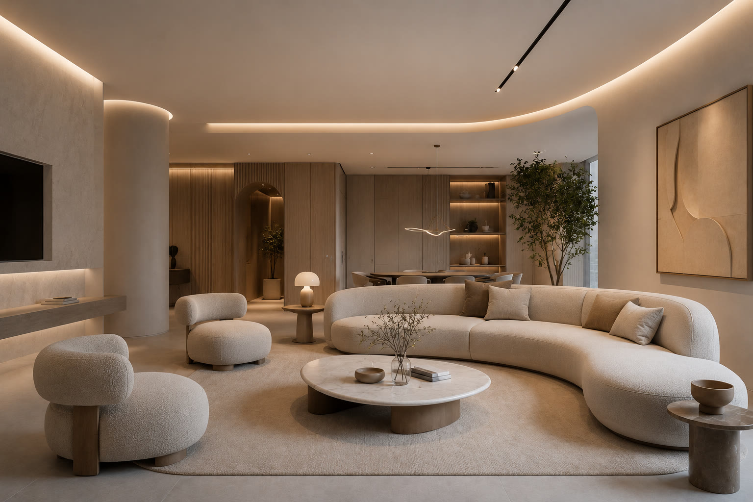 Estudo de sala integrada contemporânea em tons naturais